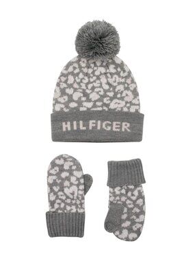 Tommy Hilfiger Gray Leopard Beanie & Mittens Set For Women Soft Knit Winter Acce